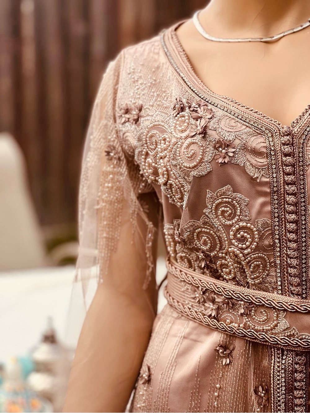 Caftan/Embellished Rose Gold Maxi Dress with Sheer Sleeves